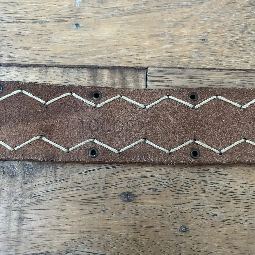 Brown Leather Belt Men's Size S White Whipstitch Chevron Pattern
